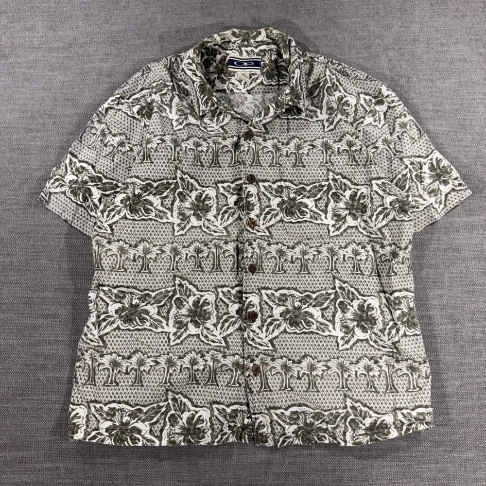 Ocean Pacific Tropical Button Front Shirt Mens M Olive Green Excellent Palm Tree